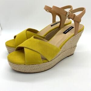 Nine West Dane Multi Suede Sandals Size 9M NIB Mustard Yellow Espadrille Wedge